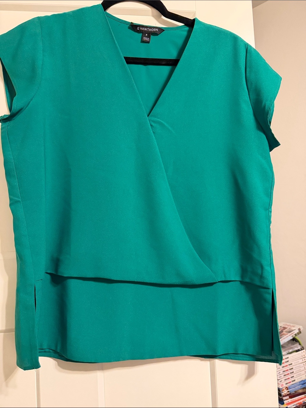 41 Hawthorn Teal Faux Wrap Cap-Sleeve Blouse